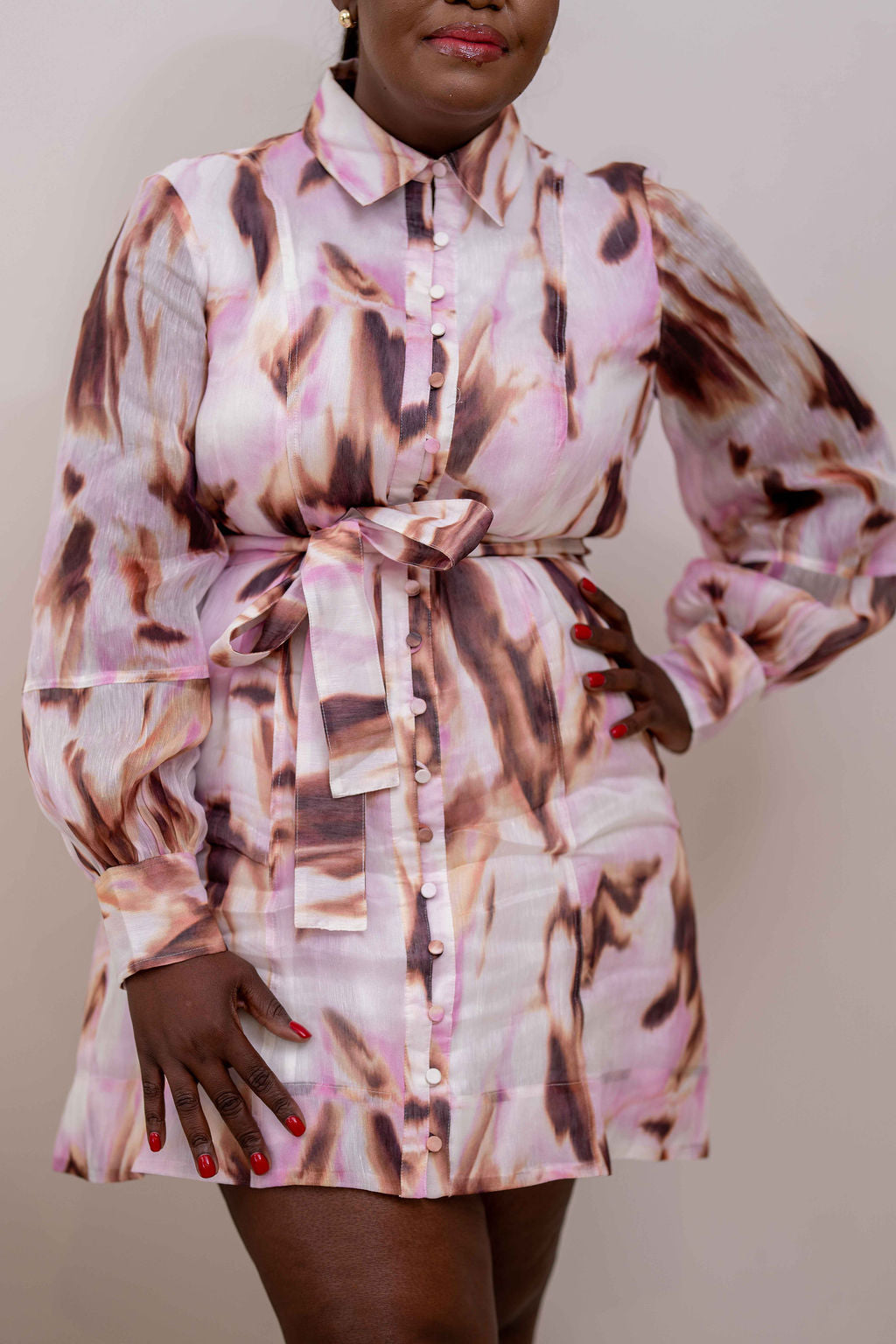 Pink and brown tie-dye collared and buttoned down dress